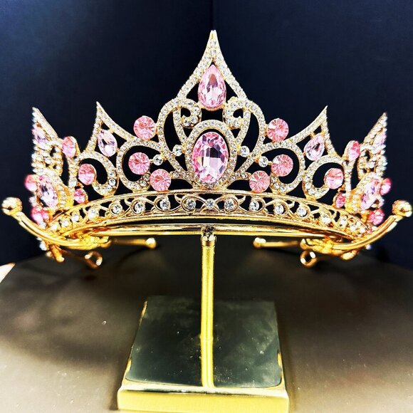 Gold Tiara and Crown for Women, Queen Crown, Princess Tiara, Pink Gemstone Tiara - Picture 5 of 5